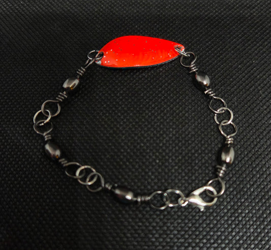 Fishing swivel bracelet with orange spoon lure